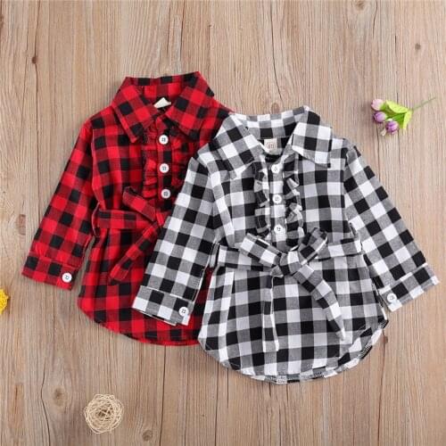 Baby Girl Fashion Plaid Shirt Dress with Sashes 1-5Y Kids Children Spring Autumn Casual Cotton Long Sleeve Straight Short Dress