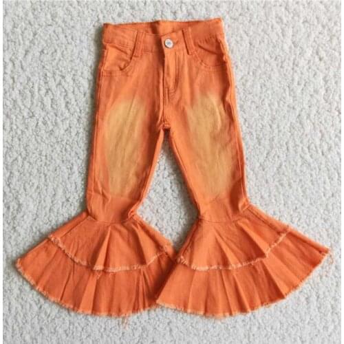 Fashion new children girl orange bleached double layer ruffle denim flared pants high quality material jeans
