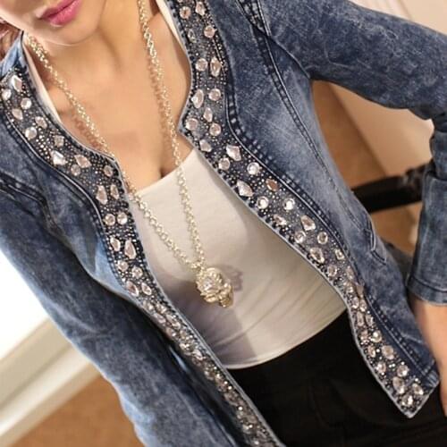 Fashion Women Vintage Diamonds Paillette Coats Blaser Water-Wash Denim Jackets Casual Ladies Jeans Cardigan Blue blouse S-4XL