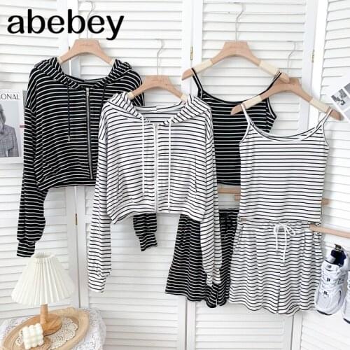 Fashion hooded collar Long Sleeve Striped zipper Top + elastic waist Shorts with Camisole 3-piece set 2021 New Spring Autumn