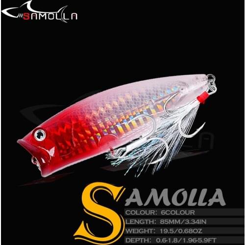 Floating Fishing Lure Popper Top Water Bait Weights 19.5g Feathered Hooks Hard Artificial Lures Pesca Trolling Perch Fish Tackle
