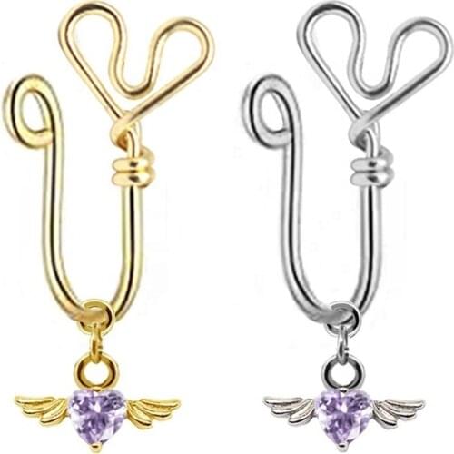 Fake Nose Rings new design brass indian nose ring nose cuffs dangle heart wing non piercing nose clip for Faux nose piercing
