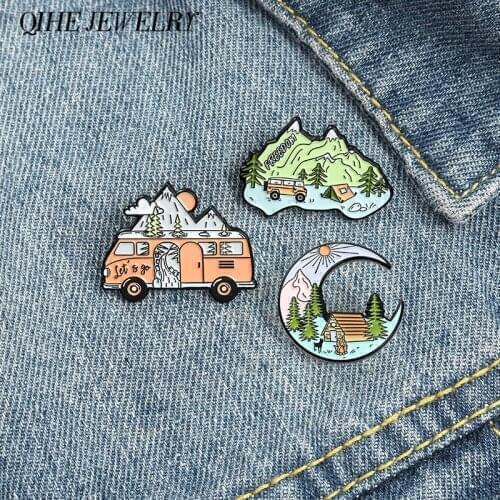 Go camping! Nature Pins Adventure Brooches Camping In The Mountains Badges Moon Tree Moon River Bus Brooches for Explorer