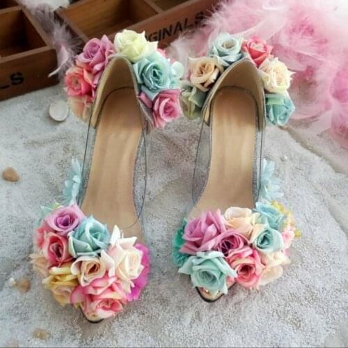 HAHAFLOWER Pink Rose Flower Wedding Shoes High Heel Pointed Toe Women Sandals for Party Banquet Bride Bridesmaid