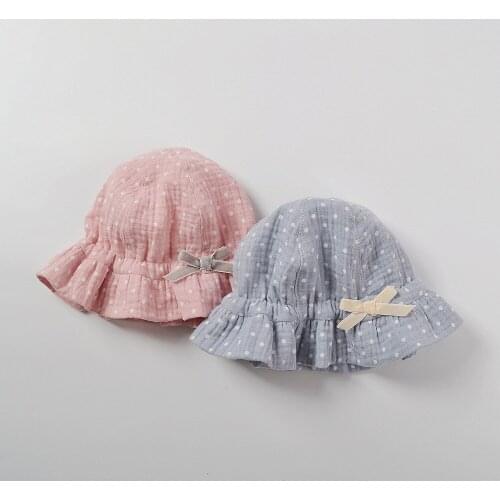 Bucket Hat Girl Baby Summer Sun Beach Cap Dots Bow UV Protection Witn Strap Breathable Holiday Outdoor Accessory For Toddlers