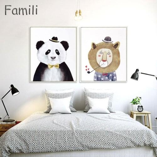 Modern Minimalist Wall Art Picture Cartoon Animal Deer Lion Bear Poster Print Painting on Canvas for Modern Home Kids Room Decor
