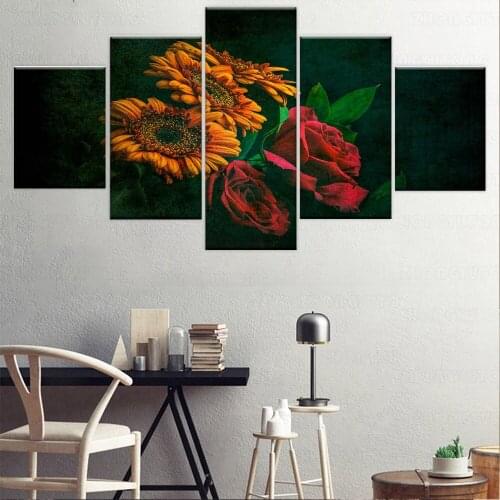 Modern Home Decor Kitchen or Restaurant Wall 5 Piece Classical Style Yellow Sunflower and Red Rose Flower Canvas Print Painting