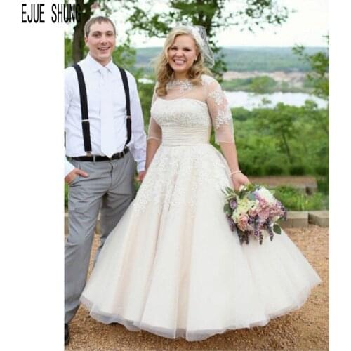 E JUE SHUNG Plus Size Wedding Dresses Half Sleeves Wedding Gowns Lace Appliques Lace up Back Back vestidos de noiva