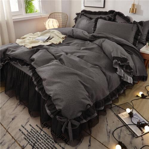 Secret Garden Popular Black Lace 4-Piece Princess Wind Bed Skirt 1.5/1.8m Bed Quilt Cover Pillow Case Solid Korean