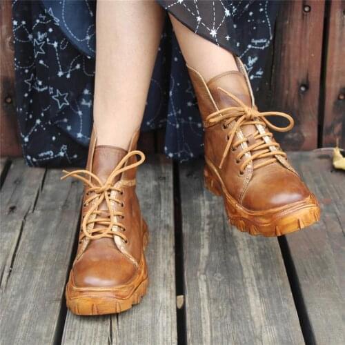 WomenS Handmade Leather Ankle Boots Comfortable Walking Round Toe Lace Up Martin Boots Brown
