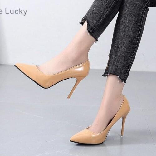 2021 New 10.5cm Super High Thin Heel Pumps For Women Patent Leather Shallow Solid Pointed Toe Slip-On Wedding Party Shoes