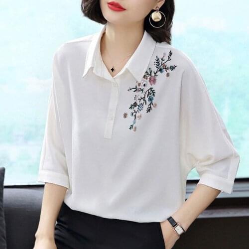 Women Spring Summer Style Chiffon Blouses Shirts Lady Casual Half Sleeve Turn-down Collar Embroidery Blusas Tops ZZ0669