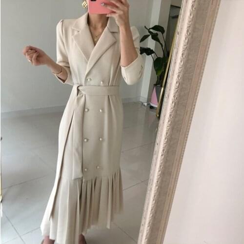 Hepburn style Long Sleeve Suit Dress Women Patchwork Folds Long Dress With Belt Fashion Double-breasted Office Ladies Dresses