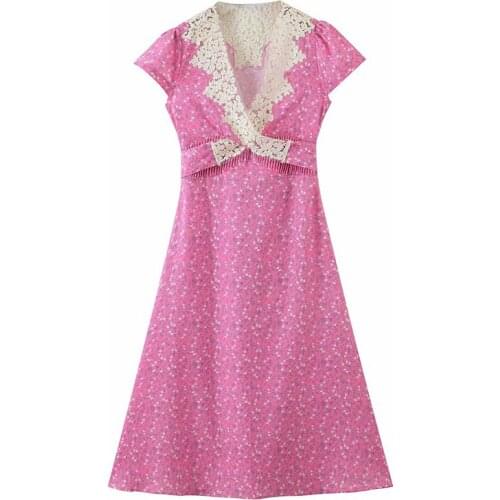 YENKYE Elegant Women Sexy Lace Patchwork Floral Print Dress Female V Neck Sashes A-line Summer Holiday Dress Party Vestido