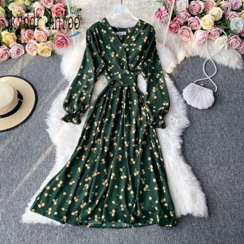 Autumn Long Sleeve Cherry Print Woman Dress V Neck Bandage Slim Midi Long Party Dresses For Women High Waist Vestido de festa
