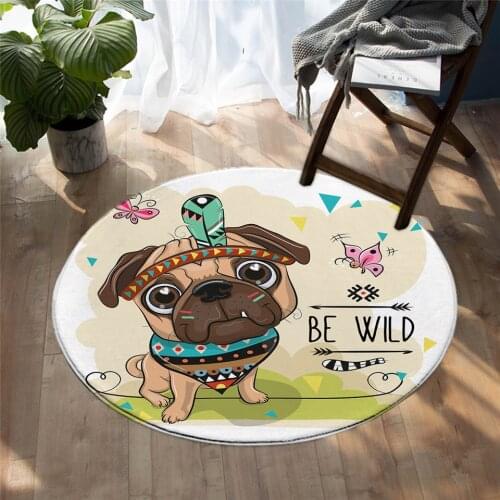 2020 Fashion Kawaii Round Area Rug Cartoon Carpet for Living Room Lion Owl Pug Floor Mat Aztec White Rug