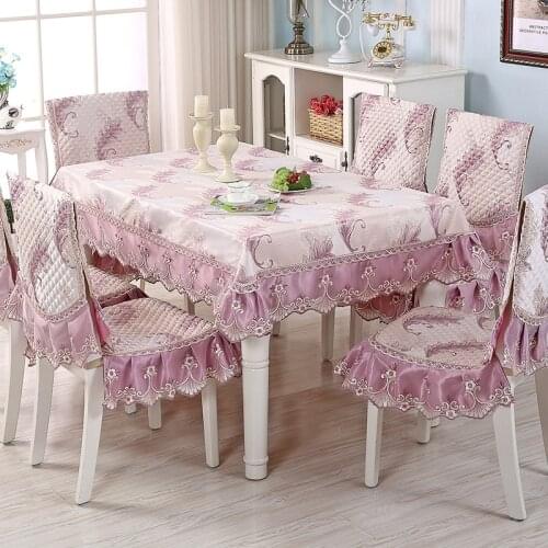 7 Pcs/Set European Style Gorgeous And Elegant Tablecloth, Chair Cover, Cushion Set, Drape And Anti-Wrinkle, 3D Jacquard