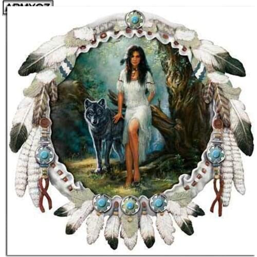 ARMYQZ Full Square Drill Diamond Embroidery Indian Women Wolf And Feathers Diy Diamond Painting Cross Stitch Mosaic Decorative