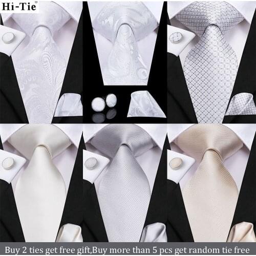 White Solid Paisley Gift Tie For Men Shirt Silk Wedding Tie Handkerchief Cufflinks Set Fashion Design Business Neck Tie Hi-Tie