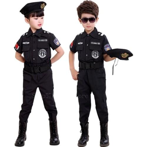 Kids Halloween Policeman Uniforms Children Police Officer Cosplay Costume Carnival Party Wear Boy Special Training Tactics Suit