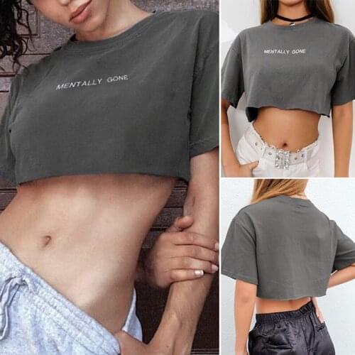 Women Cropped Letter Print O-Neck T-Shirt Loose Short Sleeve Streetwear T-Shirt Summer Knitted Tee Shirt Tops