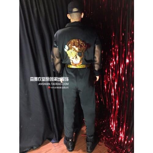 Bar nightclub male singer DJ DS embroidery skull hip hop black one-piece overalls handsome performance Christmas carnival party