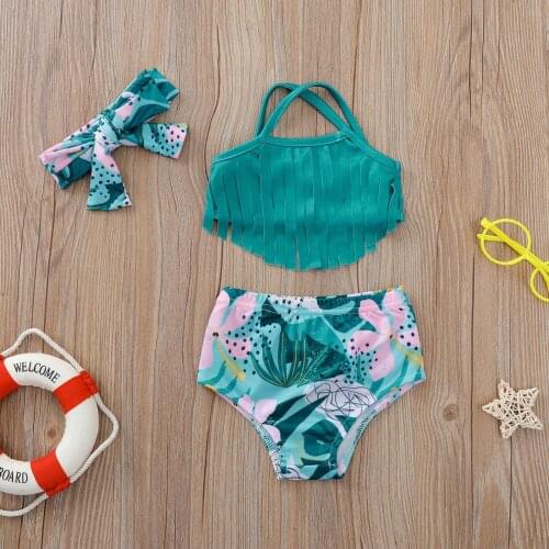 Swimsuit kids girl children Toddler Girls Kids Print Pattern Cute Tassel Bow Beach Swimsuit Three-piece Suit bañador niña E2
