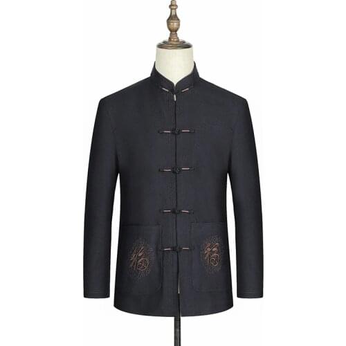 Red Navy Blue Jacket Men Autumn Tunic Coat Man Mandarin Collar Ethnical Outerwear Chinese Character Element Tang Garment Outfits