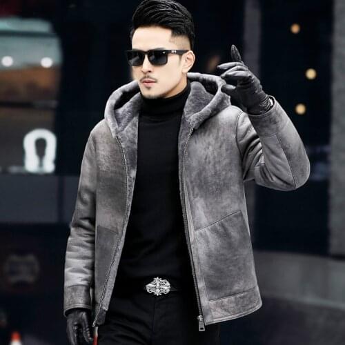 New Fur Really Male Short Hood Genuine Leather Clothes Leather Jacket Coat Winter Black Size M - 5XL