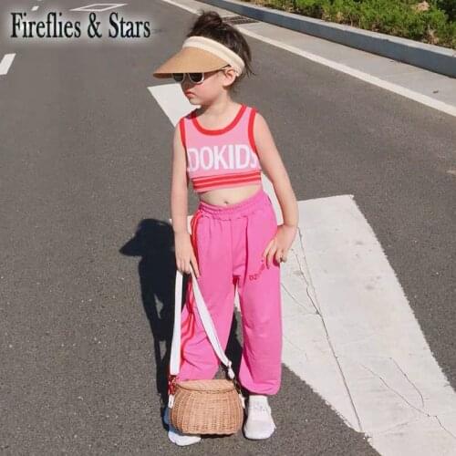 Summer girls 2 pcs set baby vest + pants kids suit children set streetwear letter crop top side striped 4 to 14 yrs