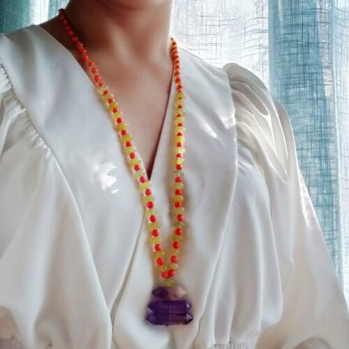 Lii Ji Bohemian Necklace Real Stone Orange Coral Korea Jades Amethysts Layer Long Necklace Women Holiday Jewelry 80cm