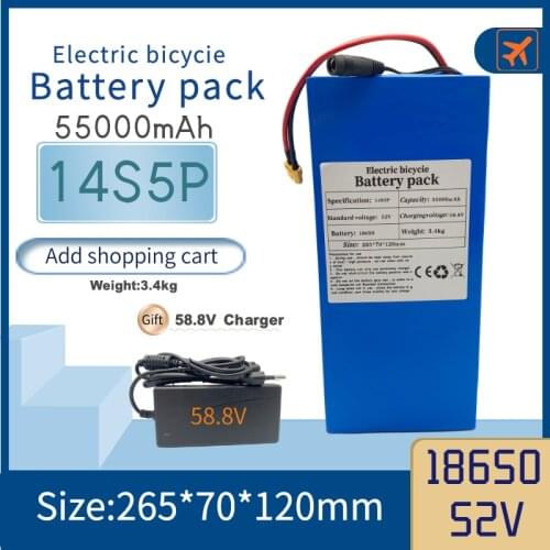 52V 14S5P 55000mAh 18650 2000W lithium battery for balance car, electric bicycle, scooter, tricycle (with BMS 58.8v 3a charger)