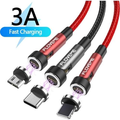 FLOVEME 540 Degree Roating 3 in 1 Magnetic Cable Micro USB Type C Phone Cable For iPhone 12 Samsung Xiaomi USB Cord Wire Cable