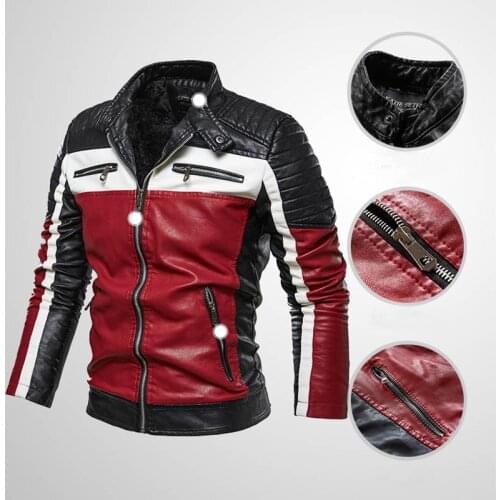Mcikkny Fashion MensPu Leather Leather Jackets Coats Block Color Patchwork Leather Jackets Outwear For Male Fleece Lined Size