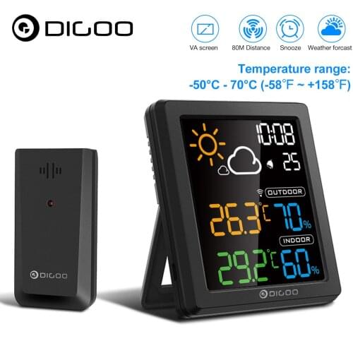 DIGOO DG-8647 Mini Colorful HD Screen LCD Weather Station Alarm Clock Smart Hygrometer Thermometer Snooze Dual Desktop Clock