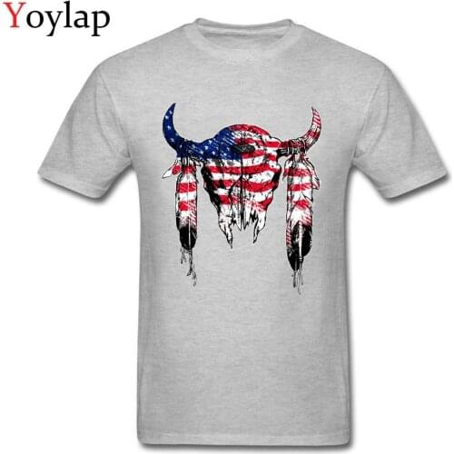 American Bison Skull Stars And Stripes Red Blue Mens T-shirt 100% Cotton Mens Short Sleeve Tops & Tees Classic