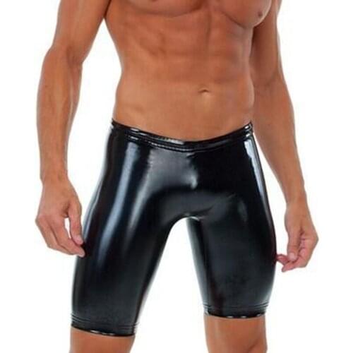 Mens Sexy Wet Look Leather Tights Short Pants Gay Boxer Skinny Short Trousers Clubwear Costumes Vinyl Lingerie Men Boxershorts