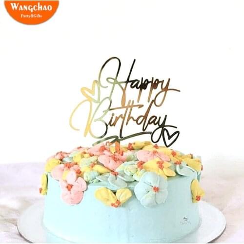 New Acrylic Rose Gold Double Love Heart Happy Birthday Cake Topper Baby Shower Candy Bar Cake Decorations Party Supplies