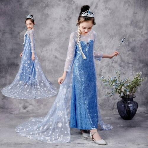 VOGUEON Snow Queen Princess Girls Dress Snowflake Sequins Print Fancy Elsa Dresses For Christmas Party Elza Cosplay Costume Kids