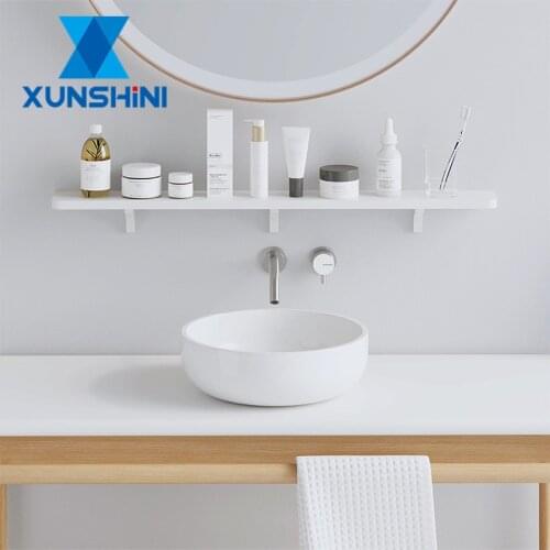 XUNSHINI Punch Free Bathroom Shelf White Kitchen Wall Shelves Shower Basket Wall Storage Organizer Rack Bathroom Accessories