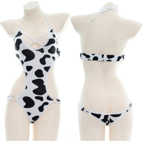 Sexy Girl Lolita Cow Printing Sukumizu Kawaii Female Black White Halter Sleepwear Cosplay One-Piece Swimsuit Swimwear Underwear
