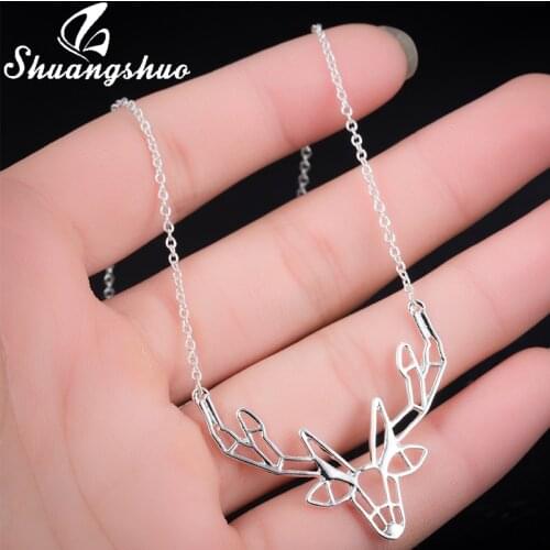 Shuangshuo New Origami Antler Necklace Women Deer Necklace Deer Animal Necklace Chain Necklaces & Pendants Choker collier femme