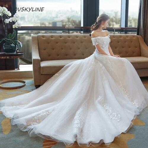 Wedding Dress New Arrival Flowers Appliques Gelinlik Embroidery Lace Boat Neck Princess Wedding Gowns