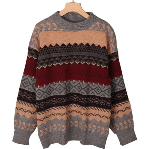 Vintage Sweater Winter Women Pullover Knit Striped Sweater Jumpers Loose Pull Korean Style Knitwear Casual Top Argyle Sweater