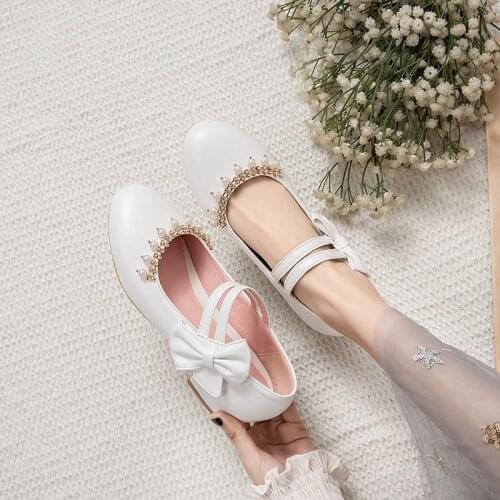 YQBTDL Pink White Women Pumps Low Heel Hook Loop Bowtie String Bead Crystal Chunky Heels Party Ladies Mary Jane Shoes Plus Size