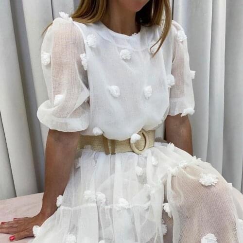 Ladies Dress Puff Sleeve Loose Casual Net Yarn Small Flower Ball Dress for Beach Party Summer Sexy Slim Swing Long Dress longue