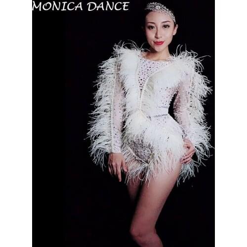 Women Sexy Stage Crystals Pearls Feather Fringes Bodysuit Womens Birthday Celebrate Nightclub DJ Female Singer Show Bodysuits