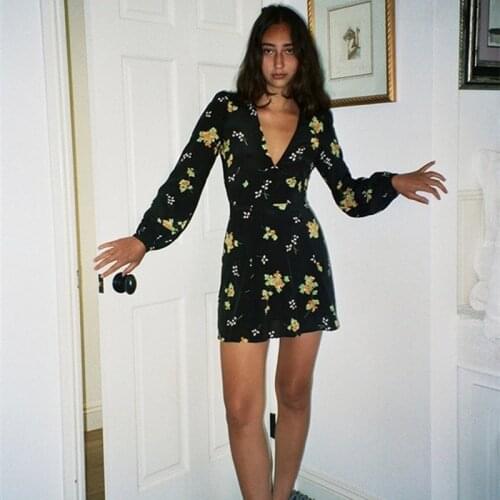 100% Silk Women Mini Dress Long Puff Sleeve V Neck Sexy Printing Spring Autumn New 2021