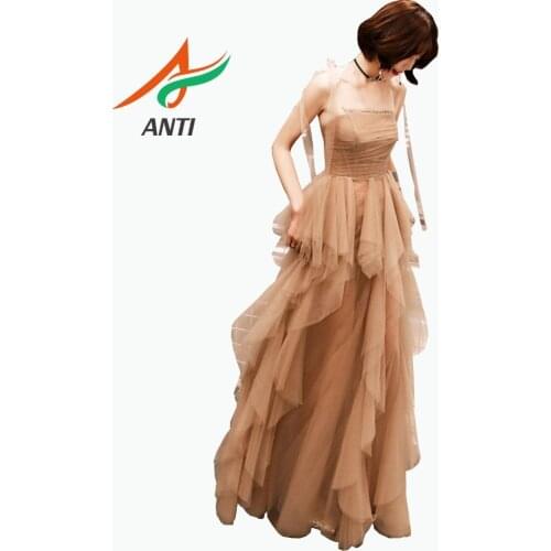 ANTI Champagne Evening Dresses Long 2019 Elegant Strapless Tulle Sleeveless A-Line Formal Party Gown robe de soiree Custom LM220