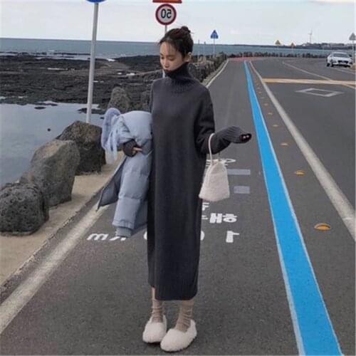 New Spring Autumn Womens Knit Long Dress Casual Large Size Female Knitted Sweater Vestido Loose Solid Turtleneck Lady Dresses